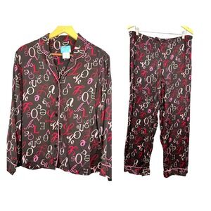 Nick & Nora Pajama Set Women M Black Pink 100% Silk Love Script Pants Set